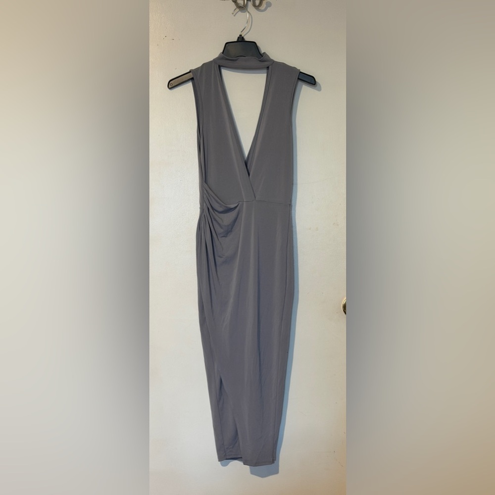 Fashion Nova Slate Gray Draped Midi Dress with side slit